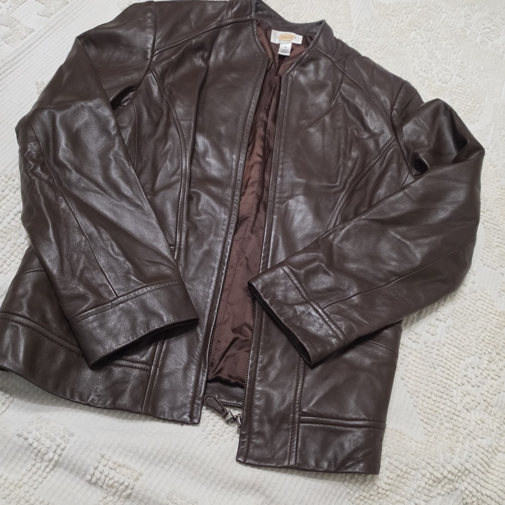 Talbots 100% Leather Jacket Womens 10 Chocolate Brown Y2K Moto Minimalist